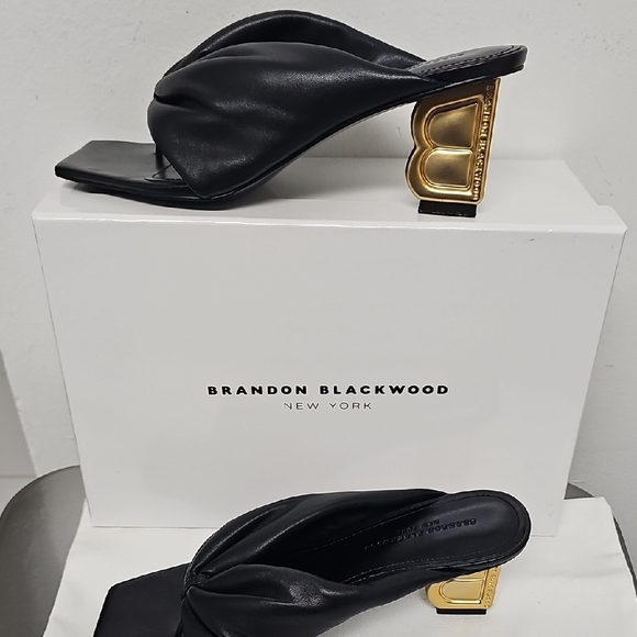 Brandon Blackwood Black Leather Knotted Mule Sandals with Gold B-Heel - Picture 6 of 15